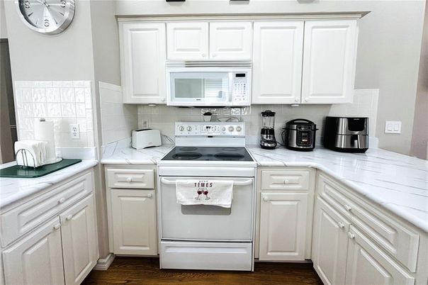 Interior, Kitchen, Tile Countertops, Wood Texture Flooring
