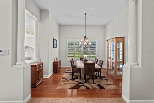 Chandelier, Dining room, Interior, Pendant Lights, Wood Texture Flooring