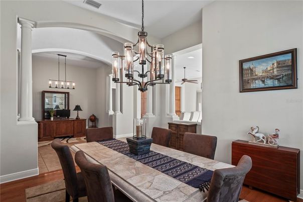 Chandelier, Dining room, Interior, Pendant Lights, Wood Texture Flooring