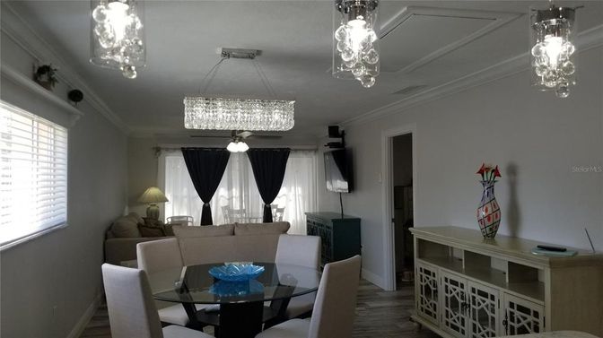 Chandelier, Dining room, Interior, Pendant Lights, Wood Texture Flooring