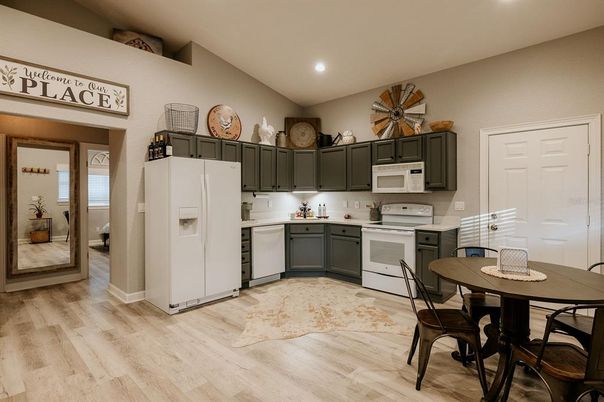 Dining room, Interior, Kitchen, Recessed Lighting, Wood Texture Flooring