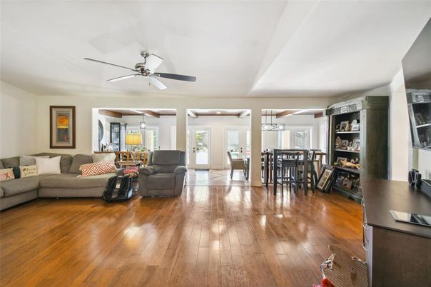 Dining room, Interior, Living room, Pendant Lights, Wood Texture Flooring