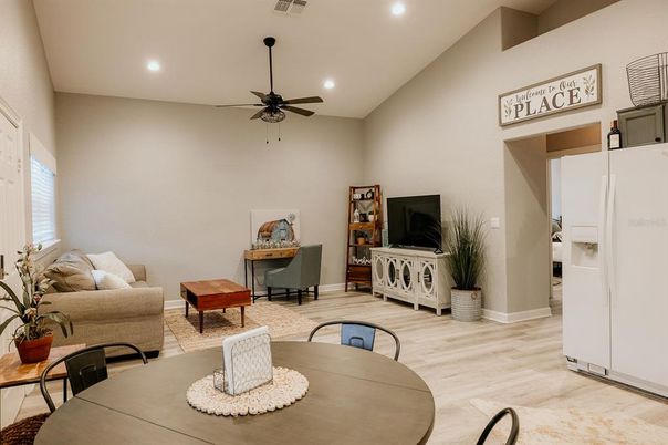 Dining room, Interior, Living room, Recessed Lighting, Wood Texture Flooring