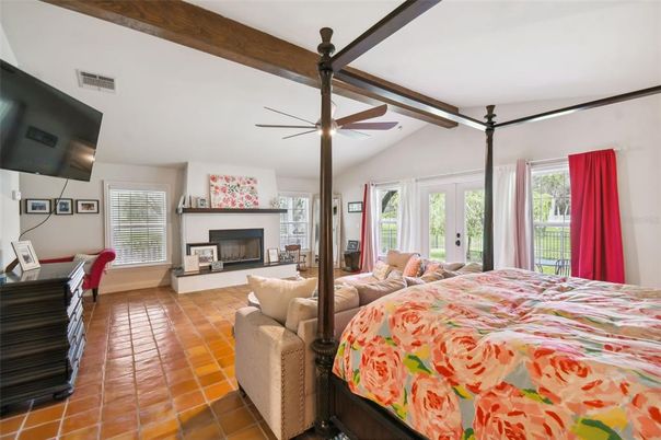 Bedroom, Fireplace, Interior, Living room, Wooden Beams