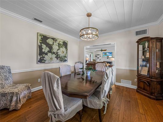 Dining room, Interior, Pendant Lights, Wood Texture Flooring