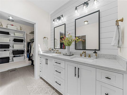 Bathroom, Dual Sink Vanities, Interior, Walk-in Closets, Wood Texture Flooring