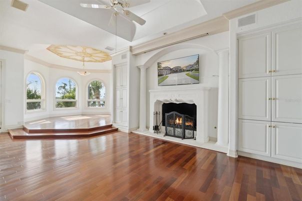 Empty room, Fireplace, Interior, Pendant Lights, Wood Texture Flooring