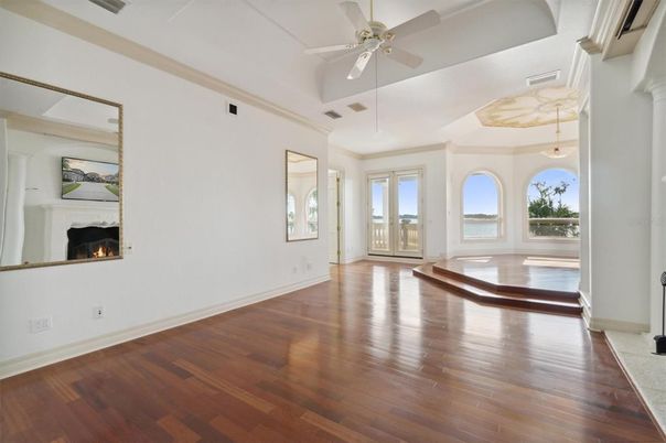 Empty room, Fireplace, Interior, Pendant Lights, Wood Texture Flooring