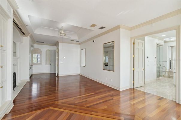 Bathroom, Empty room, Fireplace, Interior, Recessed Lighting, Wood Texture Flooring