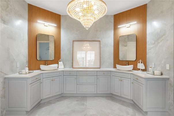 Bathroom, Chandelier, Dual Sink Vanities, Interior, Marble