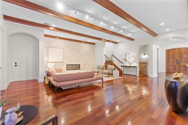 Fireplace, Interior, Living room, Recessed Lighting, Stone Walls, Wooden Beams, Wood Texture Flooring