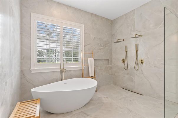 Bathroom, Free Standing Baths, Glass Shower, Interior, Marble, Marble Walls