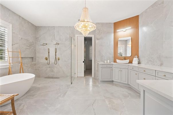 Bathroom, Chandelier, Free Standing Baths, Glass Shower, Interior, Marble, Marble Walls
