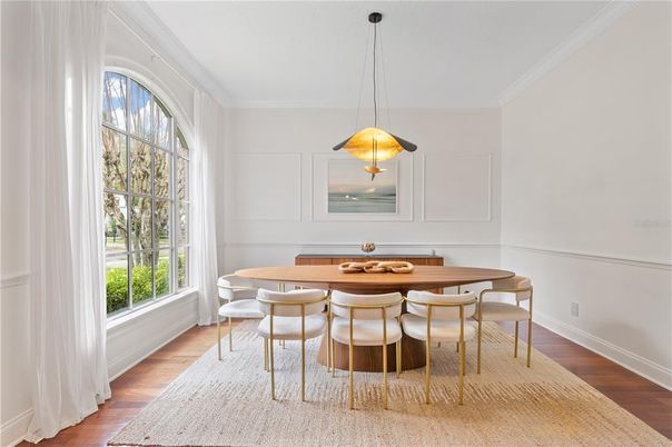 Dining room, Interior, Pendant Lights, Wood Texture Flooring
