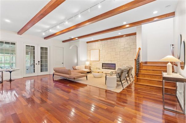 Interior, Living room, Recessed Lighting, Stone Walls, Wooden Beams, Wood Texture Flooring