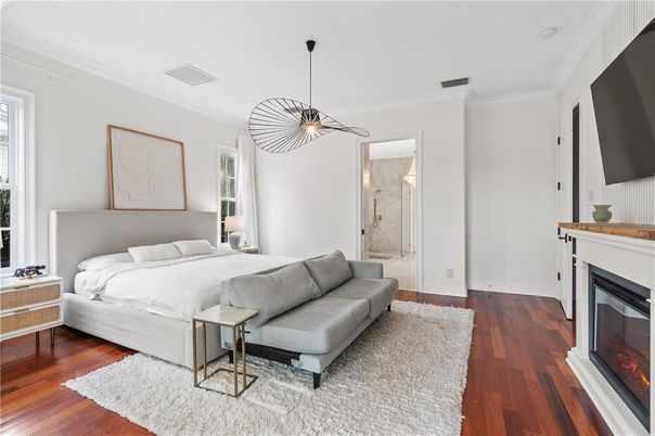 Bedroom, Fireplace, Interior, Pendant Lights, Wood Texture Flooring