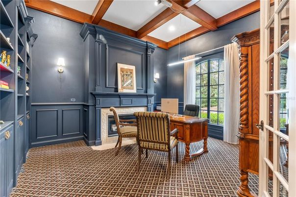 Fireplace, Home Office, Interior, Recessed Lighting, Wooden Beams