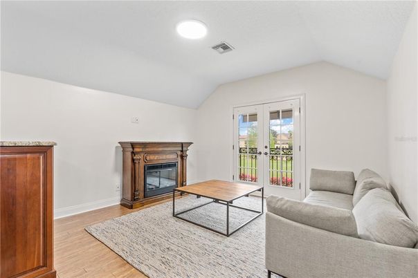 Fireplace, Interior, Living room, Recessed Lighting, Wood Texture Flooring