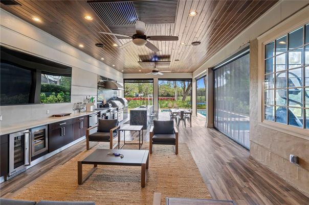 Dining room, Interior, Living room, Recessed Lighting, Wooden Ceilings, Wood Texture Flooring