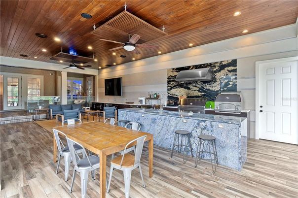 Dining room, Interior, Kitchen, Living room, Recessed Lighting, Wooden Ceilings, Wood Texture Flooring