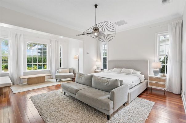 Bedroom, Interior, Pendant Lights, Wood Texture Flooring