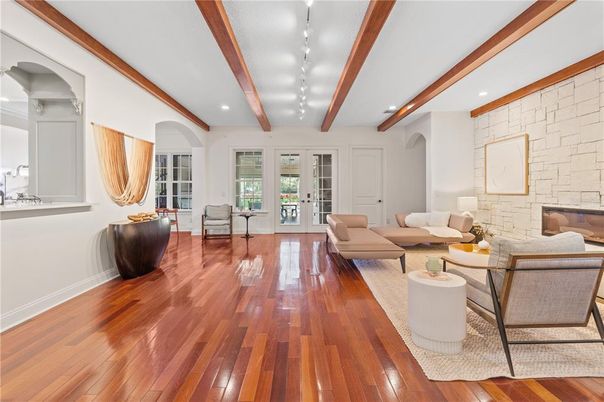 Interior, Living room, Recessed Lighting, Stone Walls, Wooden Beams, Wood Texture Flooring