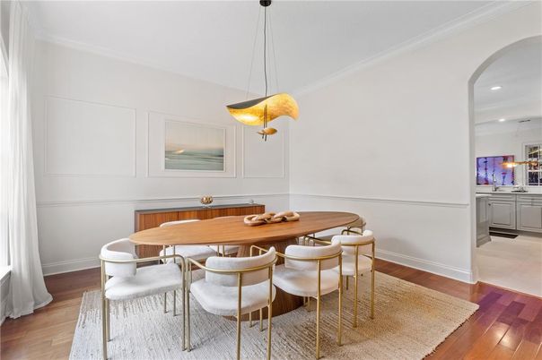 Dining room, Interior, Pendant Lights, Recessed Lighting, Wood Texture Flooring
