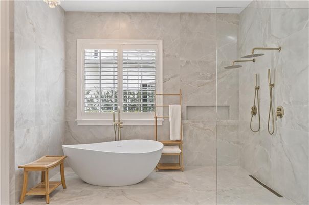 Bathroom, Free Standing Baths, Glass Shower, Interior, Marble, Marble Walls