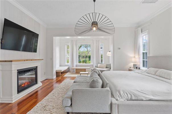 Bedroom, Fireplace, Interior, Pendant Lights, Wood Texture Flooring