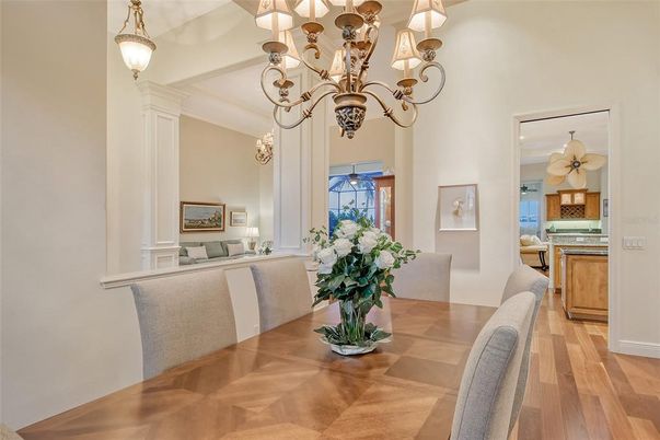 Chandelier, Dining room, Interior, Wood Texture Flooring