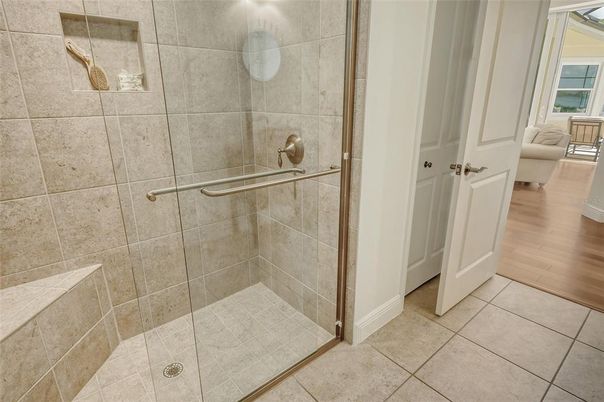 Bathroom, Glass Shower, Interior, Wood Texture Flooring