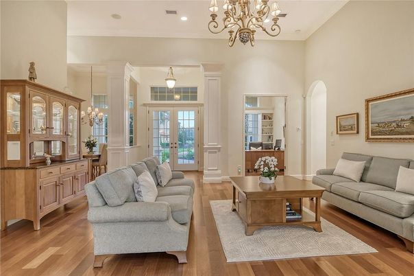 Chandelier, Interior, Living room, Recessed Lighting, Wood Texture Flooring