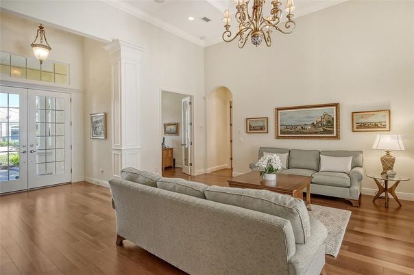 Chandelier, Interior, Living room, Recessed Lighting, Wood Texture Flooring