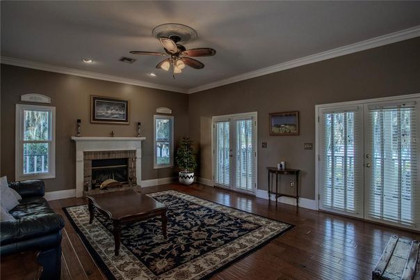 Fireplace, Interior, Living room, Recessed Lighting, Wood Texture Flooring