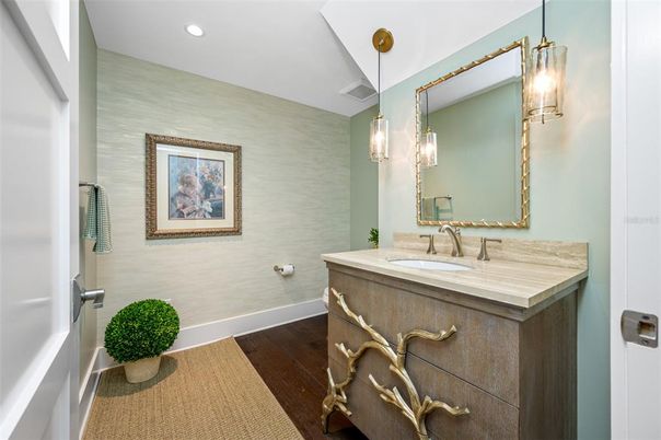 Bathroom, Interior, Pendant Lights, Recessed Lighting, Wood Texture Flooring