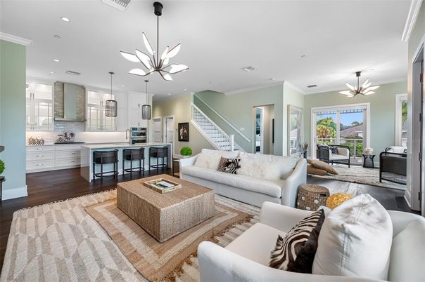 Interior, Kitchen, Living room, Pendant Lights, Recessed Lighting, Wood Texture Flooring