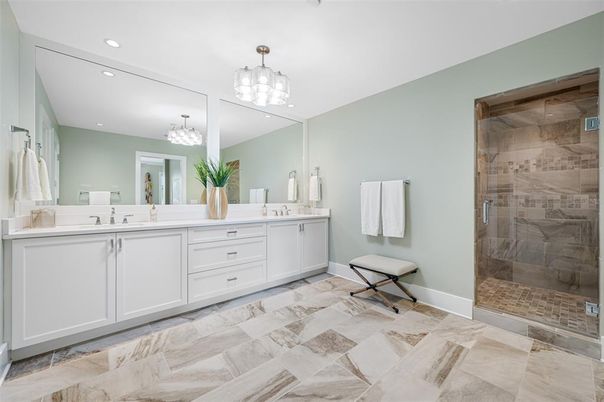 Bathroom, Dual Sink Vanities, Glass Shower, Interior, Recessed Lighting