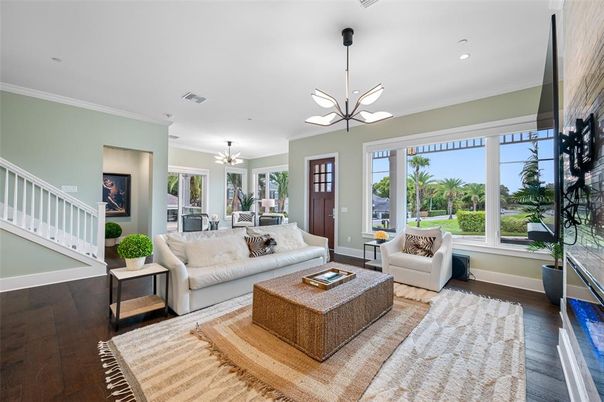 Dining room, Interior, Living room, Pendant Lights, Recessed Lighting, Wood Texture Flooring