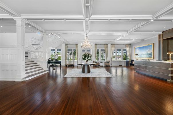 Chandelier, Interior, Living room, Piano, Recessed Lighting, Wood Texture Flooring