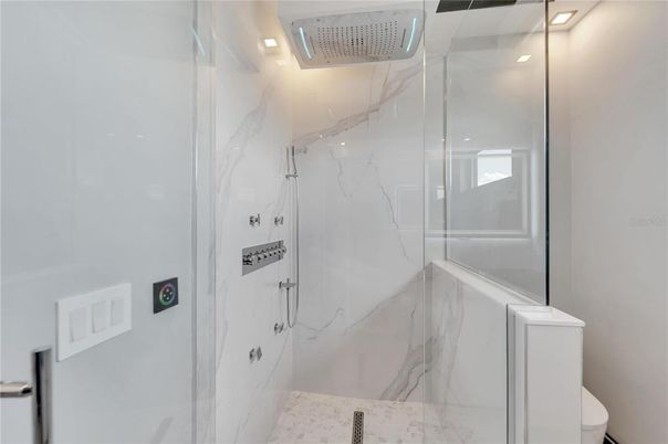 Bathroom, Glass Shower, Interior, Marble Walls, Recessed Lighting