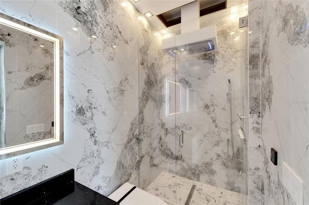 Bathroom, Glass Shower, Interior, Marble Walls, Recessed Lighting