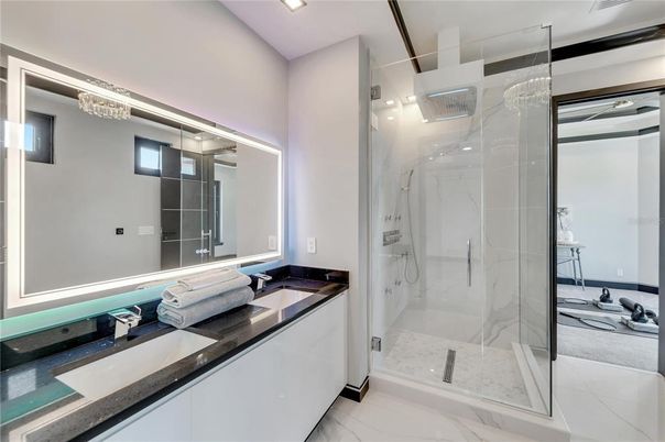 Bathroom, Glass Shower, Interior, Marble, Marble Walls, Recessed Lighting
