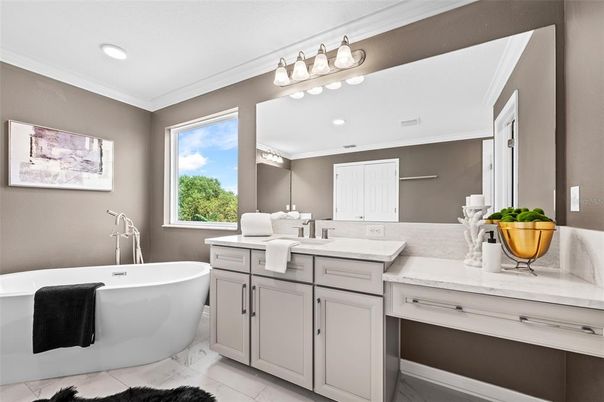 Bathroom, Dual Sink Vanities, Free Standing Baths, Interior, Marble, Recessed Lighting