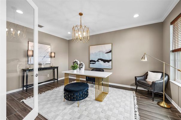 Chandelier, Home Office, Interior, Pendant Lights, Recessed Lighting, Wood Texture Flooring