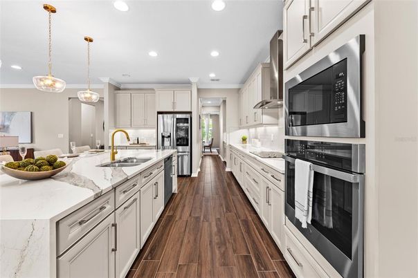 Interior, Kitchen, Pendant Lights, Recessed Lighting, Stainless Steel Appliances, Wood Texture Flooring