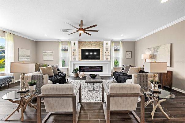Fireplace, Interior, Living room, Recessed Lighting, Stone Walls, Wood Texture Flooring