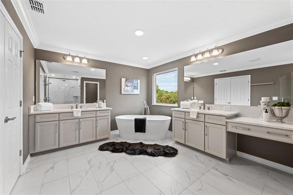 Bathroom, Dual Sink Vanities, Free Standing Baths, Glass Shower, Interior, Marble, Recessed Lighting