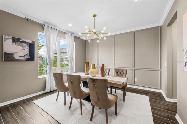 Dining room, Interior, Pendant Lights, Recessed Lighting, Wood Texture Flooring
