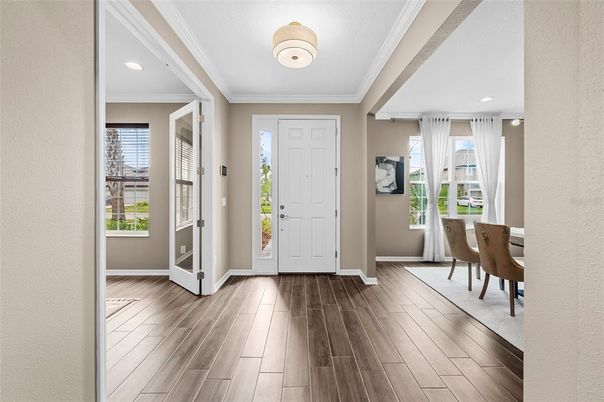 Dining room, Interior, Recessed Lighting, Wood Texture Flooring