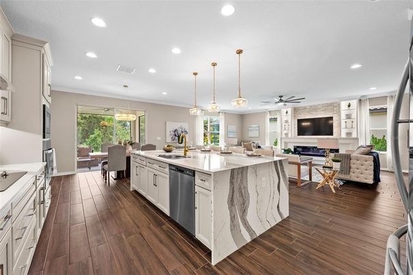 Dining room, Interior, Kitchen, Living room, Pendant Lights, Recessed Lighting, Stainless Steel Appliances, Wood Texture Flooring